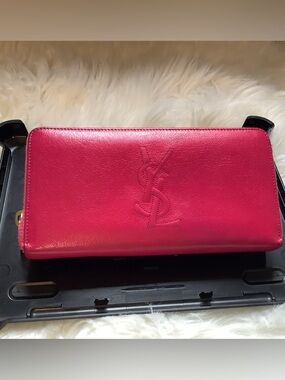 Saint Laurent Hot Pink Leather Zip Wallet with Embossed YSL